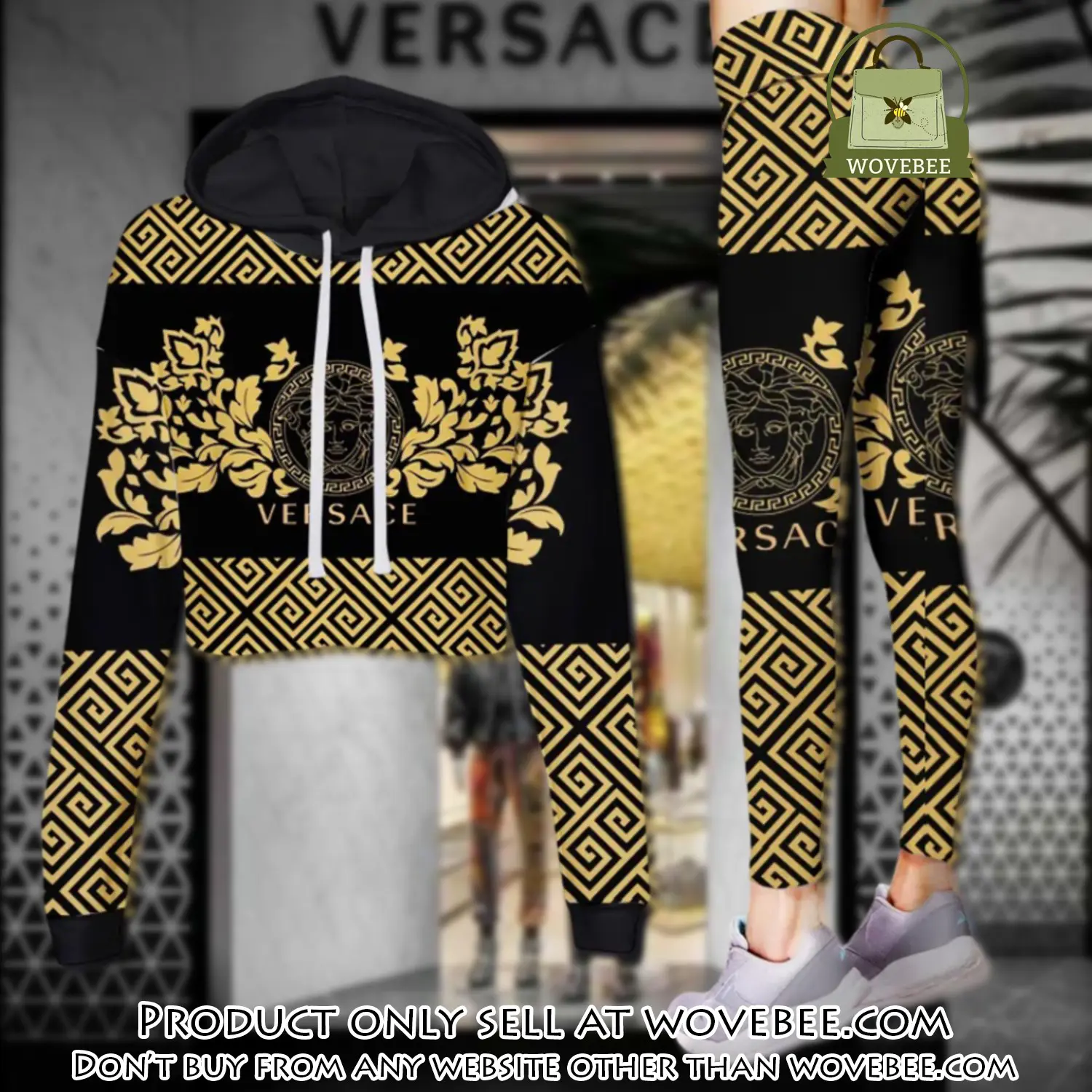 Versace medusa yellow pattern luxury brand clothes leggings and crop top set for women wvb5902447